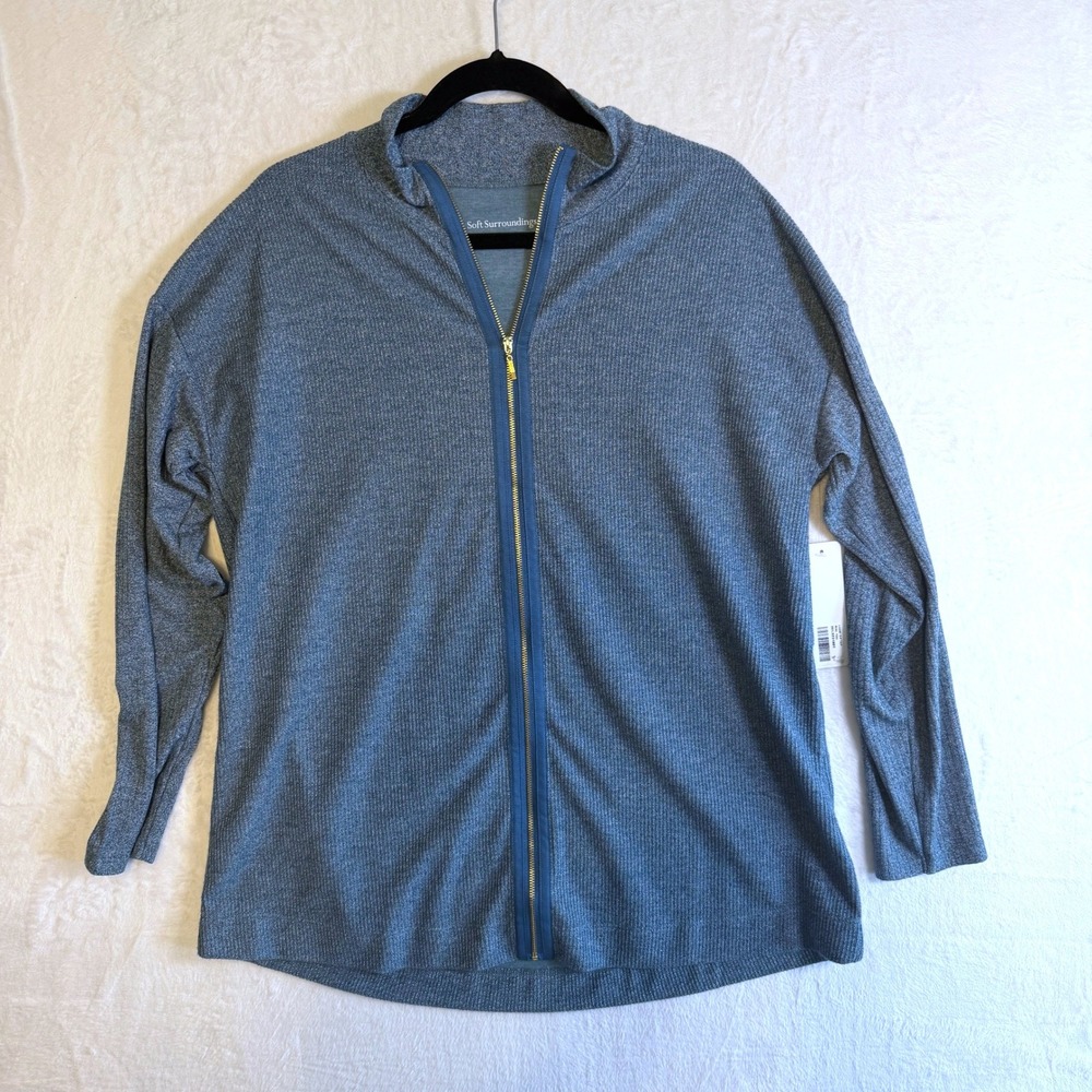 Soft Surroundings Lhami Zip Top Large Teal Women Full Zip Ribbed Mock‎ Neck New